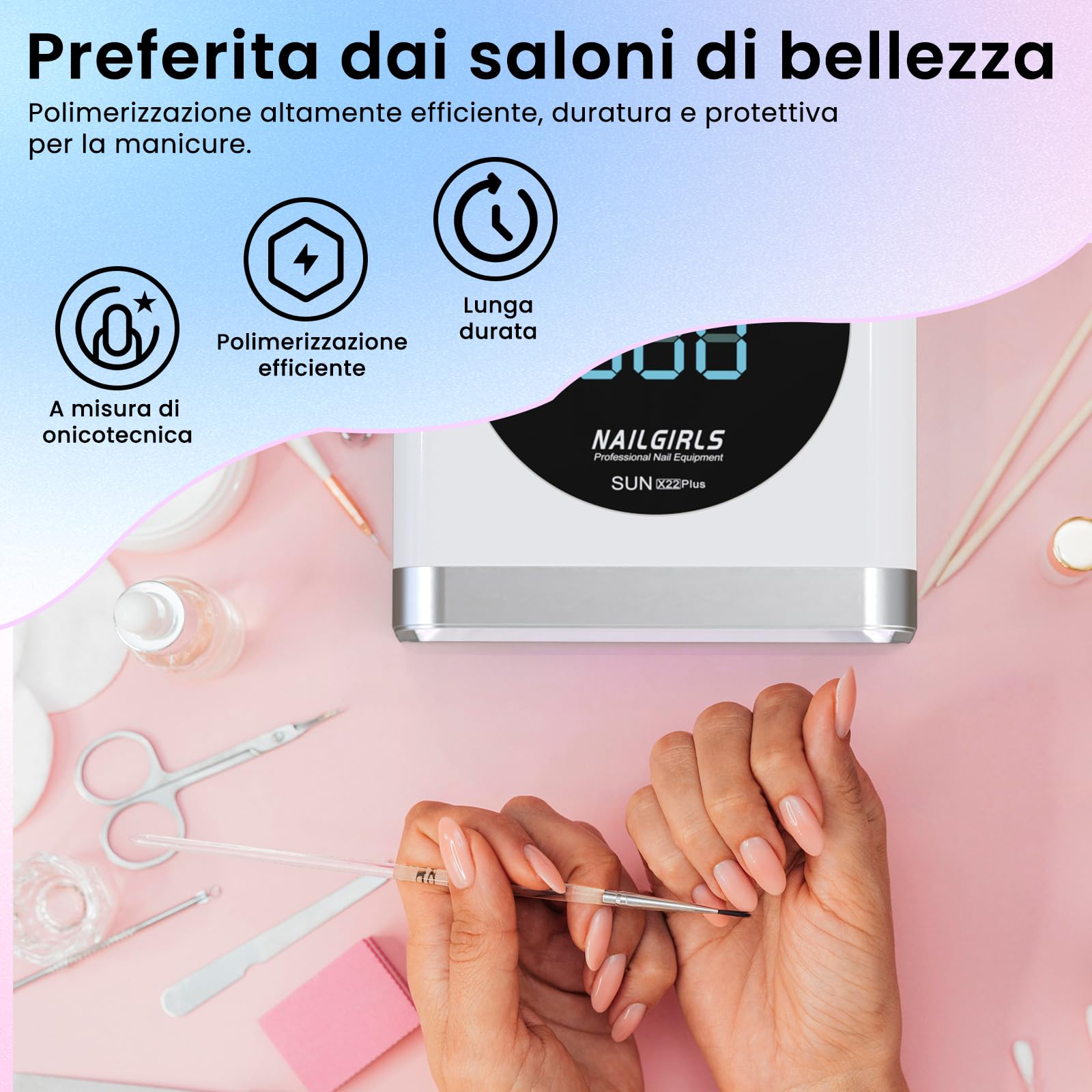 NAILGIRLS Lampada LED UV Professionale per Unghie, Ricaricabile Senza Fili, 150W, 4 Modalità Timer,Sensore Automatico, Professionale Fornetto Unghie Semipermanente per Gel e Semipermanente