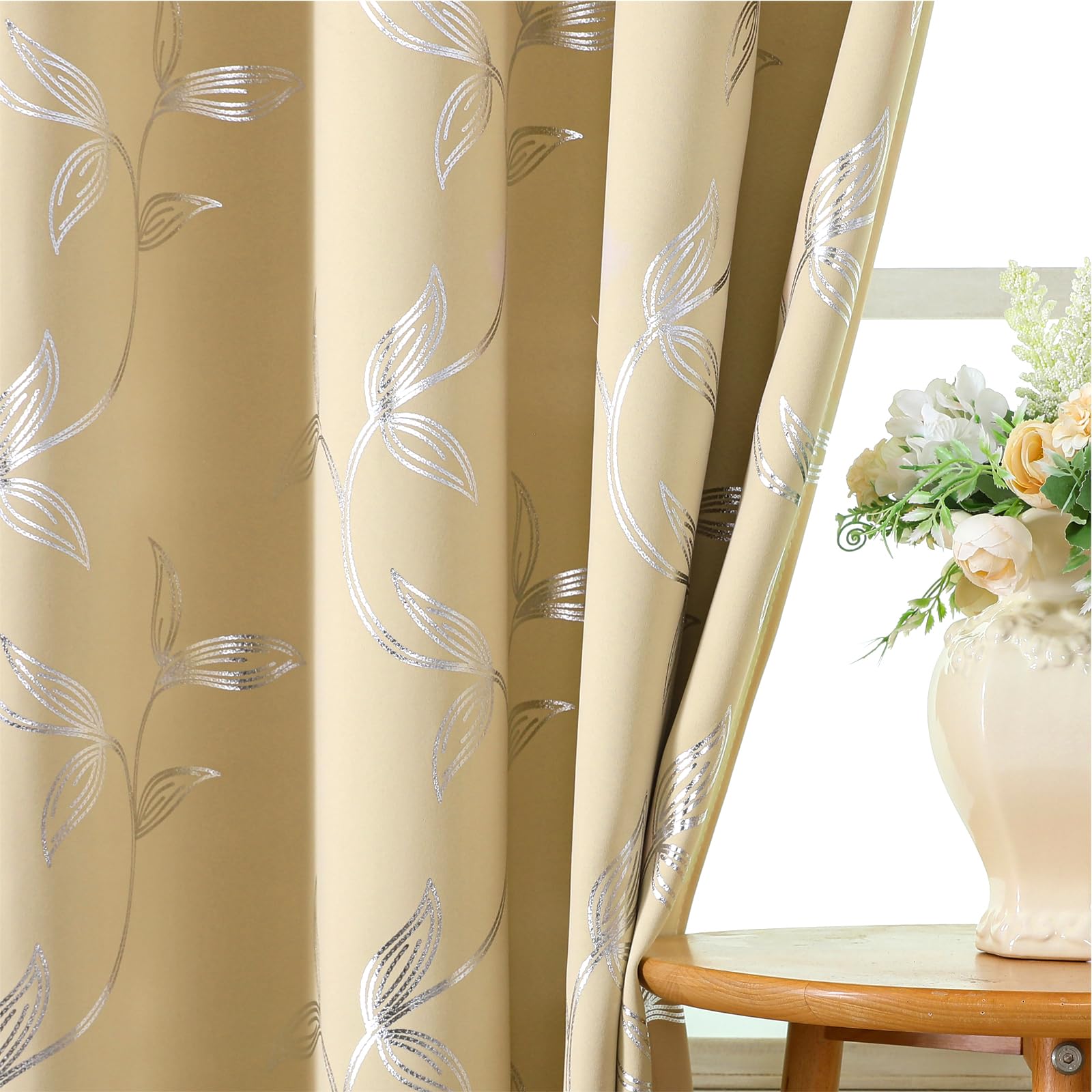 Beige Curtains with Metallic Silver Leaves Printed - 70%-80% Room Darkening Window Drapes, 63 inch Drop, Help with Heat Insulation, Privacy Protect & Glare Reduction 2 Panels for Dining Room — image 1