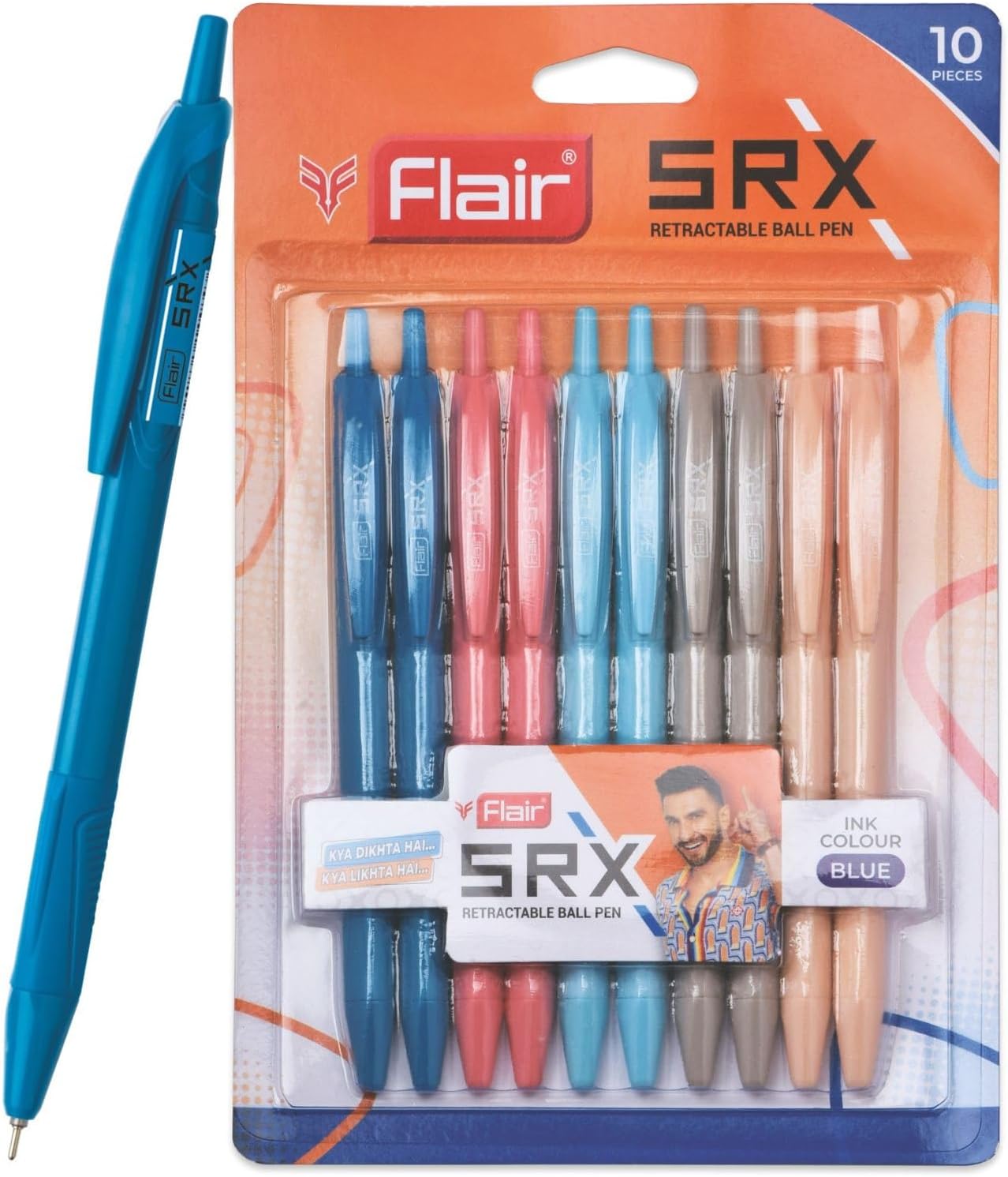 FLAIR Srx 0.7mm Retractable Ball Pen Box Pack | Triangular Body Design For Better Grip | Light Weight Refillable | Smooth Writing Experience | Vibrant Solid Body Colours | Blue Ink, Pack of 10 Pcs