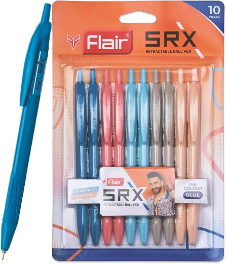 Flair Srx 0.7mm Retractable Ball Pen Blister Pack | Triangular Body Design For Better Grip | Light Weight Refillable | Smo...