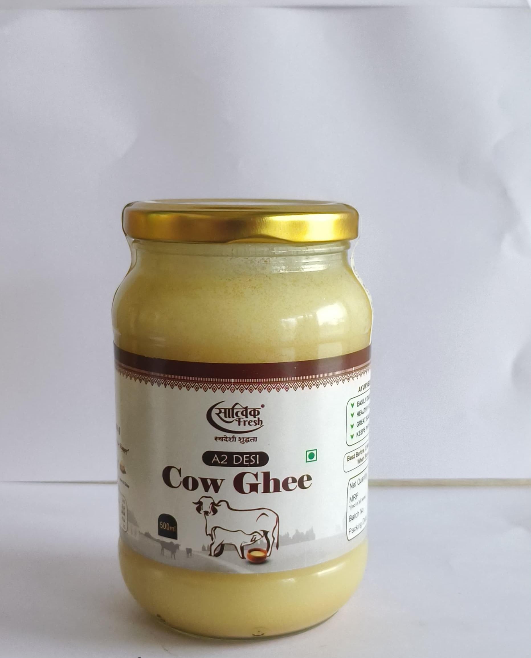 Satvik Fresh Premium A2 Gir Cow Cultured Ghee from Kesariya Farm | Vedic Bilona Two Way Hand Churned | Indian Gir Cow Ghee, Pure A2 Ghee, Natural & Healthy, Non-GMO | Lab Certified (500 Gram)