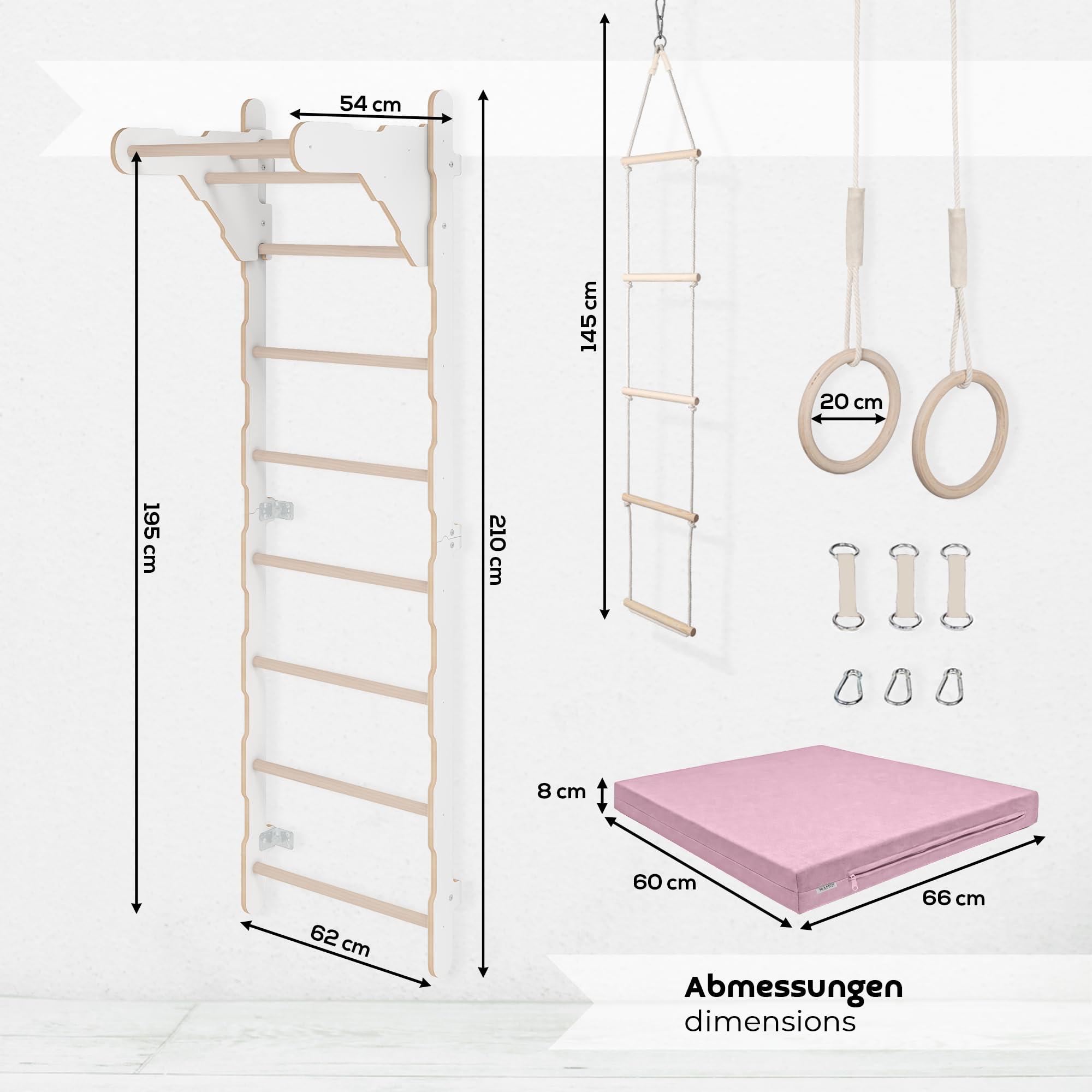 MAMOI Drabinka gimnastyczna dla dzieci (210 cm) | montowana na ścianie drabinka treningowa | drabinka linowa dla dzieci | drewniany plac zabaw do domu | pierścienie gimnastyczne | 100% ekologiczna |