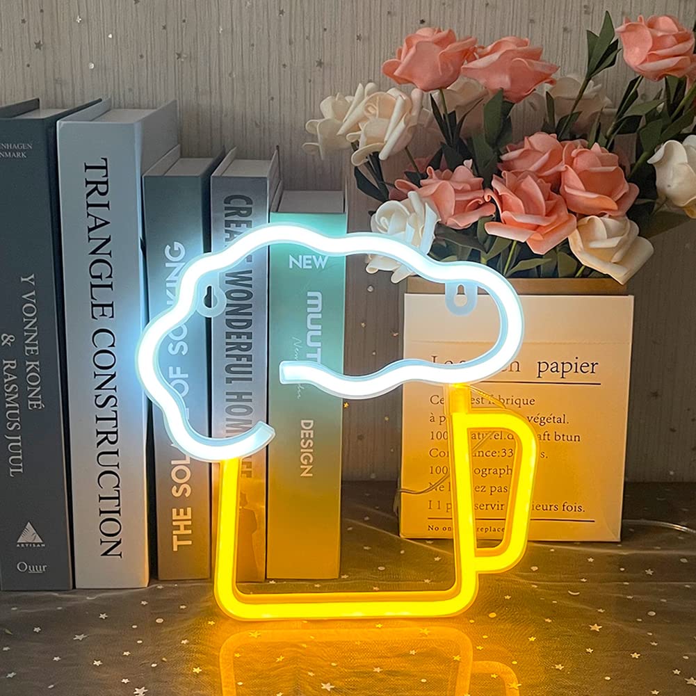 Uexnkj-Y Pjb-Yellow Beer Led Neon Light, Beer Neon Signs, Battery Or Usb Operated Bar Sign Yellow White Led Wall Art For Bar Nightclub Home Pub Store Holiday Celebration Birthday Party Decor