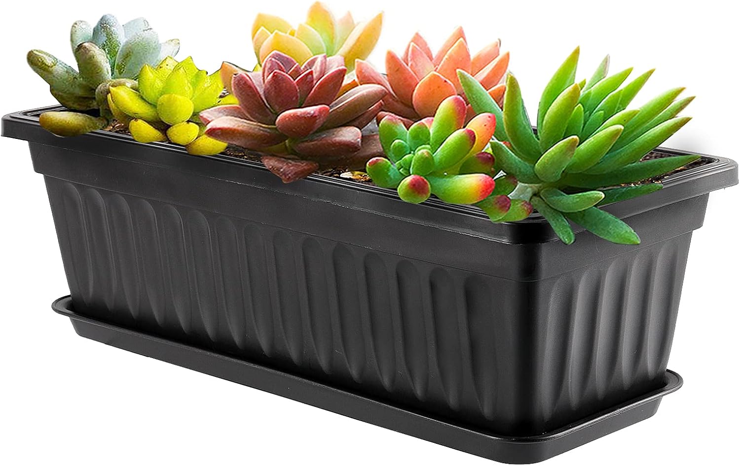 HAKZEON 6 Pack 17 Inches Plastic Flower Box Planters with Trays, Countryside Flower Window Boxes with 30 Plant Labels, Black Rectangular Vegetable Planters for Windowsill, Porch, Balcony, Garden