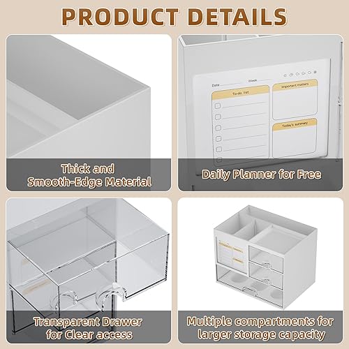 Miniatura 6 de Marbrasse Organizador de escritorio con 3 cajones, soporte multifuncional para bolígrafos, organizadores de escritorio y accesorios con 4