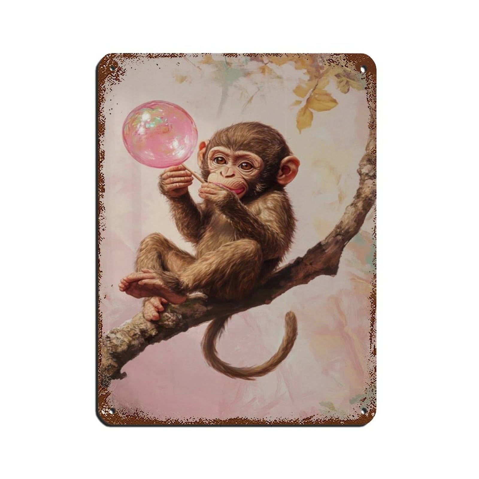Lxwnze 30L X 40W Cm Cute Baby Monkey Blowing Bubble Art Retro Poster Metal Tin Sign Chic Art Retro Iron Painting Bar People Cave Cafe Family Garage Poster Wall Decoration 12X16inch(30X40cm)