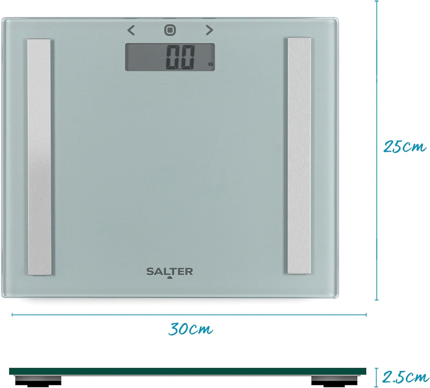 Diagram showing the dimensions of the Salter Compact Analyser Bathroom Scale: 30cm width, 25cm depth, and 2.5cm height.