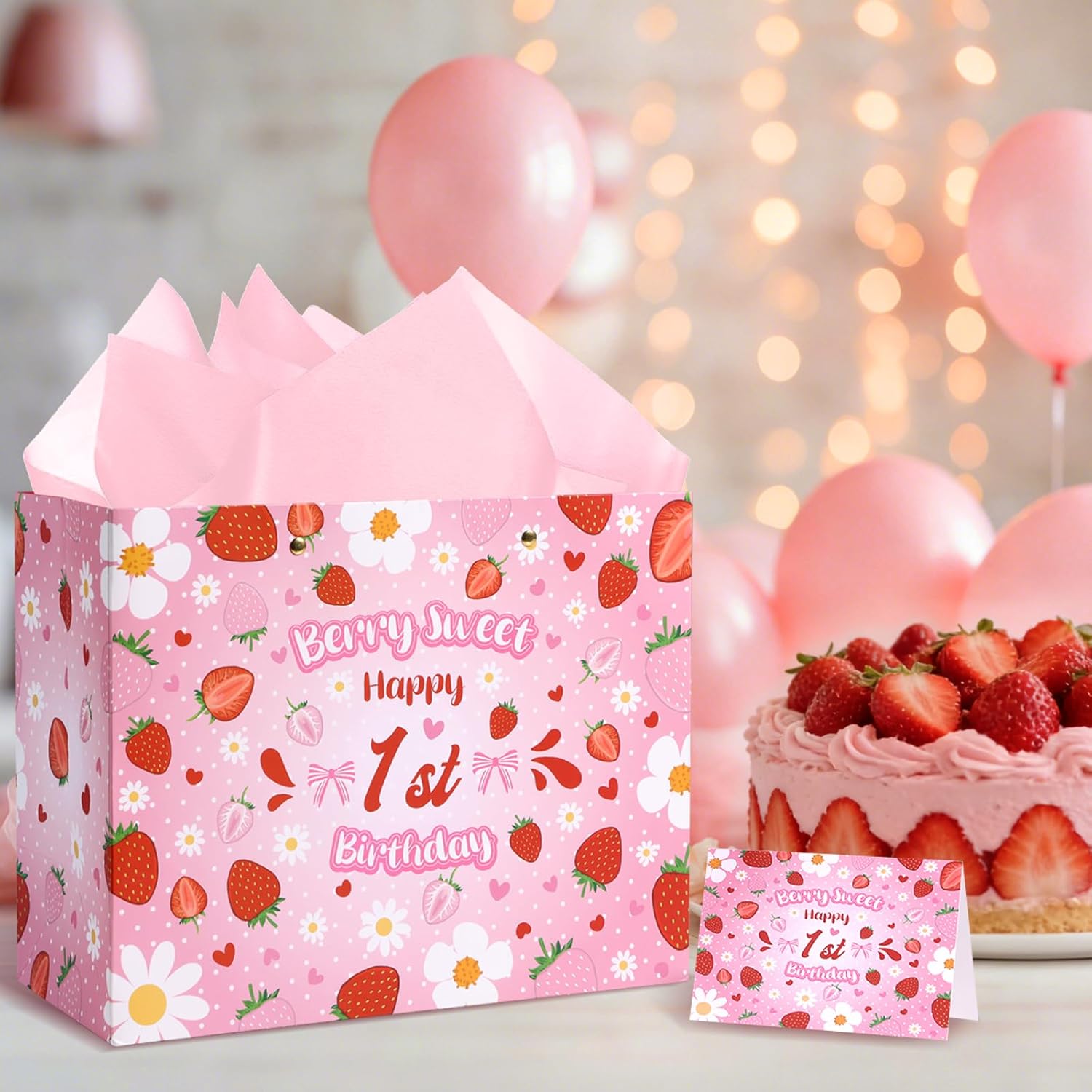 Lednica Strawberry 1st Birthday Gift Bag for Baby Girls, Sweet One Flower Bags Pink Berry First Favor Bag with Tissue Paper, Envelop and Greeting Card, Cute Bow Party Decor Supplies, 11.8"x9.5"x5.3" - Image 4