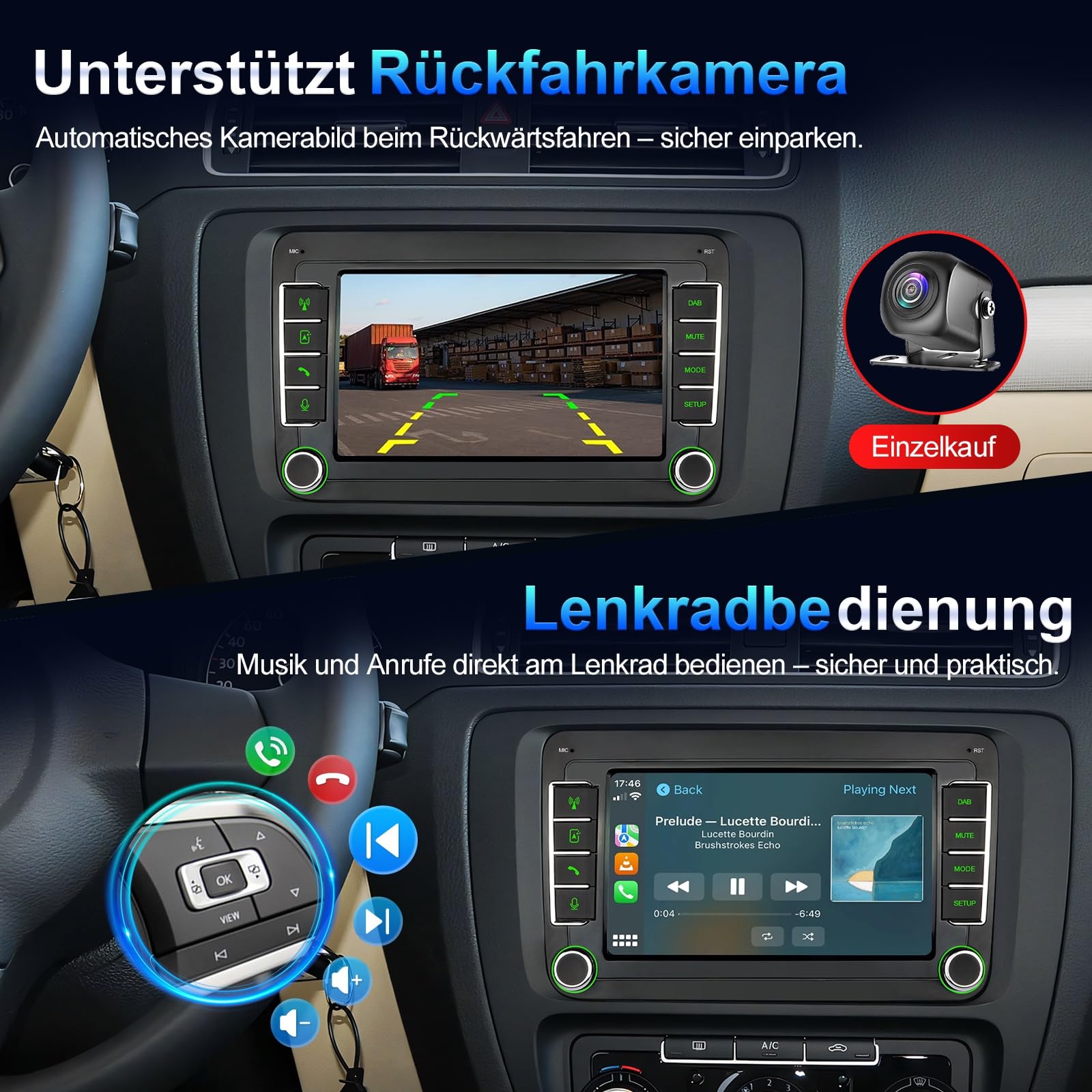 DAB Autoradio mit Bildschirm für VW Golf 5 6 T5 Polo 6R Caddy Skoda Tiguan Seat Passat, 7 Zoll Radio mit Apple CarPlay Wireless Android Auto Mirrorlink, Bluetooth, FM, Lenkradsteuerung, DAB+ 2Din