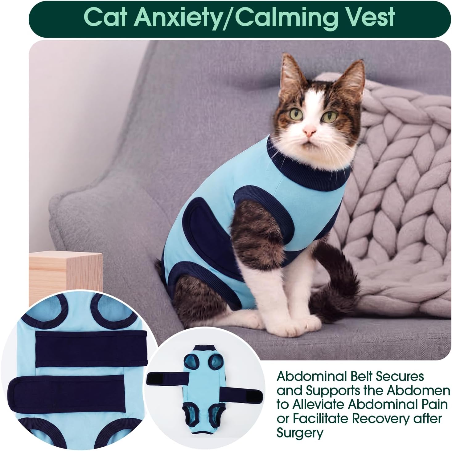 Kuoser Cat Spay Recovery Suit Female Male After Surgery Abdominal Wounds Skin Diseases, Cat Onesie Clothes Anxiety Calming Jacket Vest, Blue L
