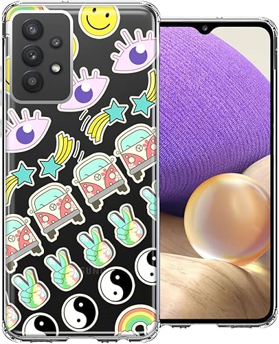 Mundaze - Para Samsung Galaxy A32 70's Yin Yang Hippie Happy Peace Stars Design Case Slim Hybrid a prueba de golpes Hard Shell Soft TPU Heavy Duty