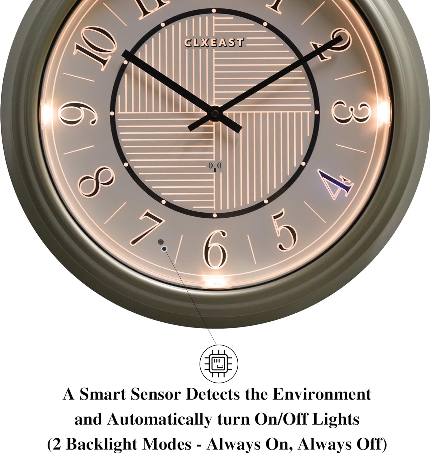 CLXEAST 14 Inch Self-Illuminated in/Outdoor Atomic Wall Clock for Home Office, Night Light Wall Clocks for Living Room Decor,Modern Farmhouse Morning Silver/Gold Finish