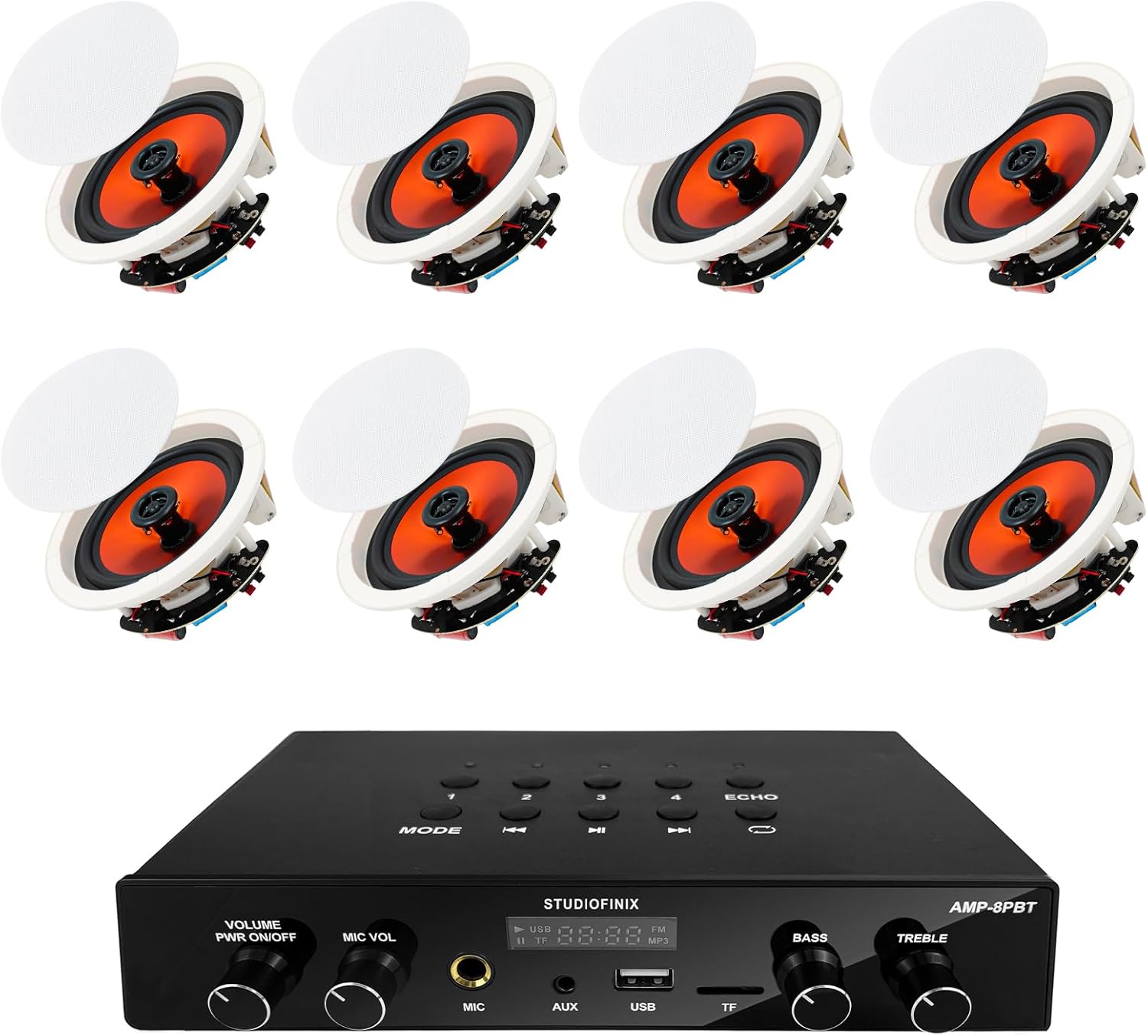 STUDIOFINIX 6.5 Inch Bluetooth 5.4 Ceiling Speakers with 4-Zone 8-Channel Amplifier,Independent Zone Volume Control for Home Theater, Studio,Multi-Room Audio System（8 Speakers）
