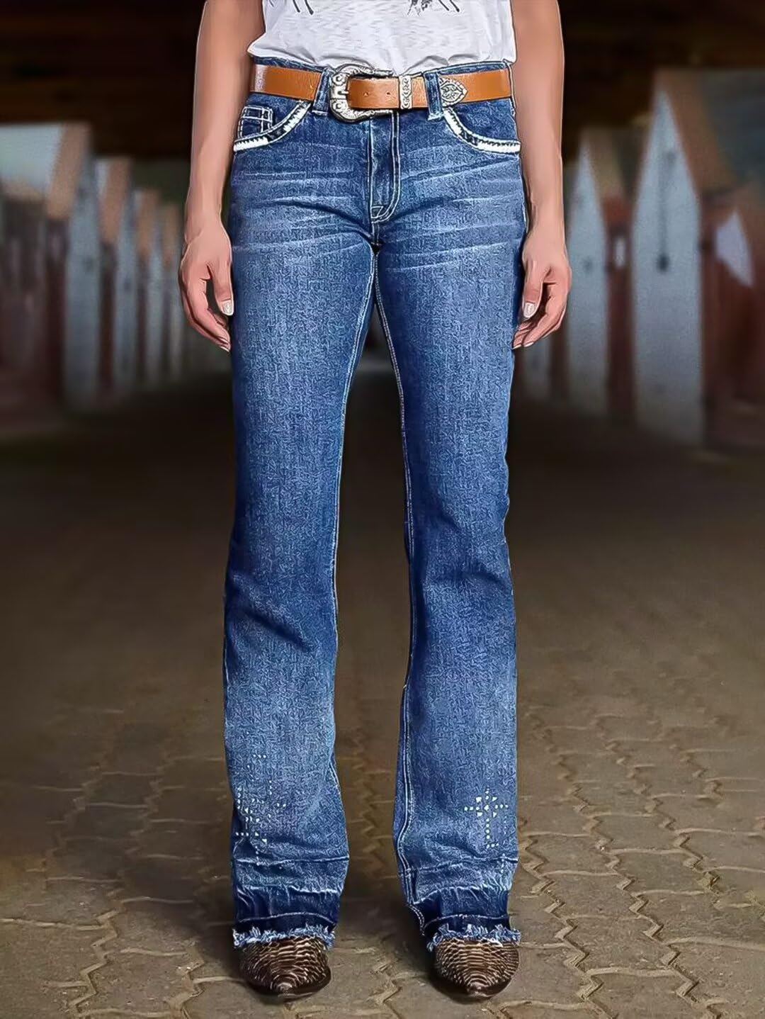 Flamingals Bootcut Jeans for Women High Rise Vintage Raw Hem Denim Jeans Without Belt