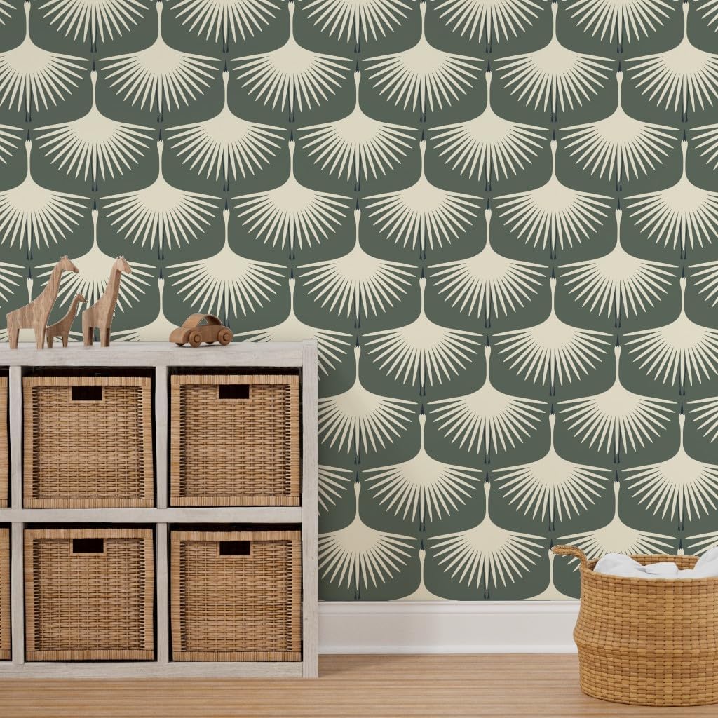 Spoonflower Removable Wallpaper 6ft x 2ft - Art Deco Green Geo Nature Swan Cranes Swans Birds Custom Pre-Pasted Wallpaper
