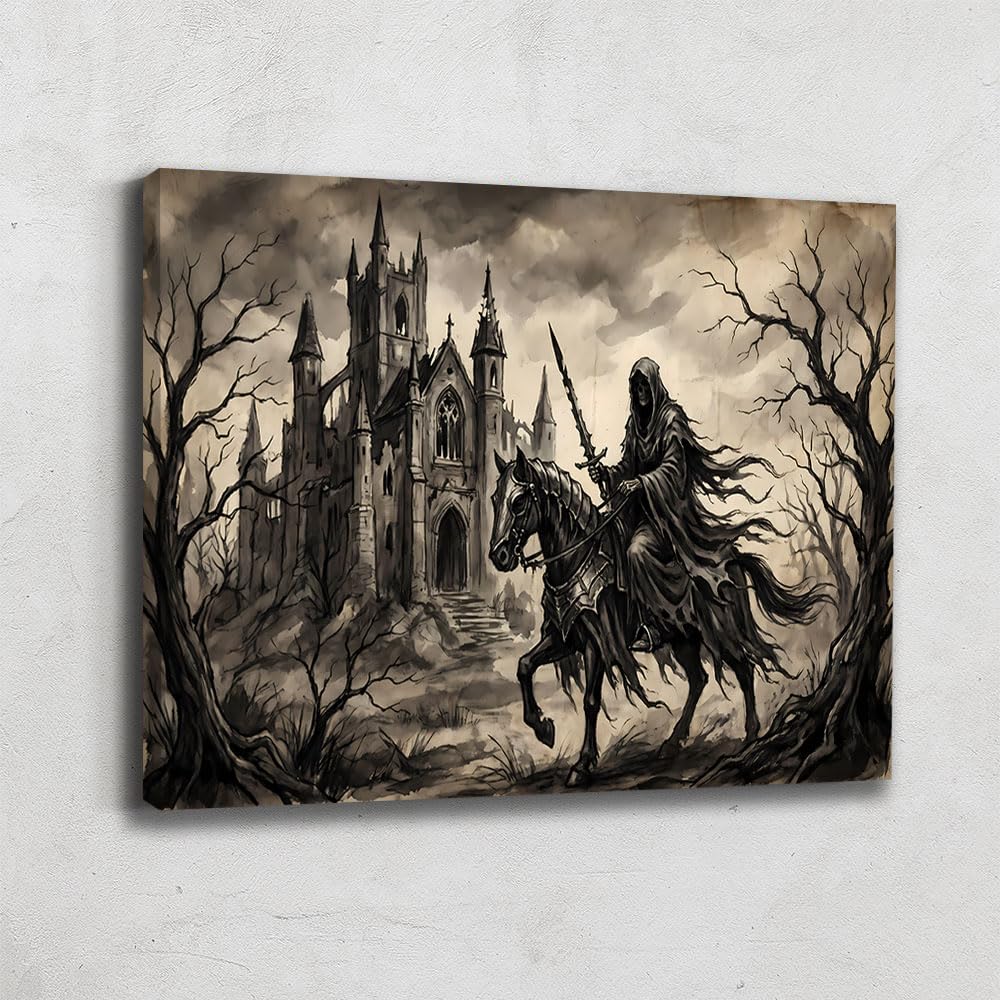 Alessio Cacciatore Quadro Cavaliere - Poster decorativo murale gotico - Stampa su tela in bianco e nero - Quadro cattedrale - Decorazione murale medievale - Deco Gaming Mural (40 x 30 cm)