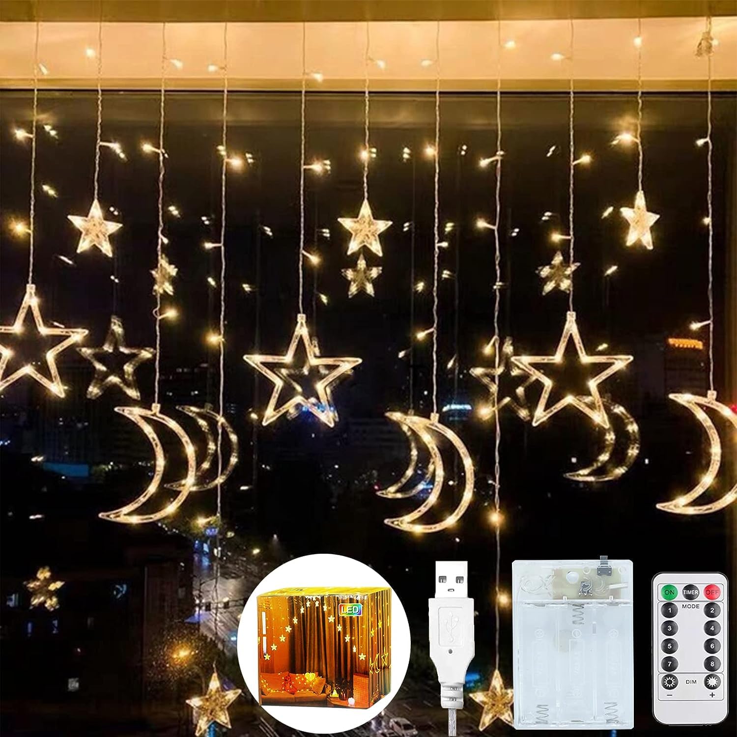 Ramadan Decorations for Home 3.5M Decorative Starry String Curtain Ramadan Lights Moons and Stars LED Night Light for Ramadan Home Decorations Party, USB and Battery Box Powered (Warm White) 3