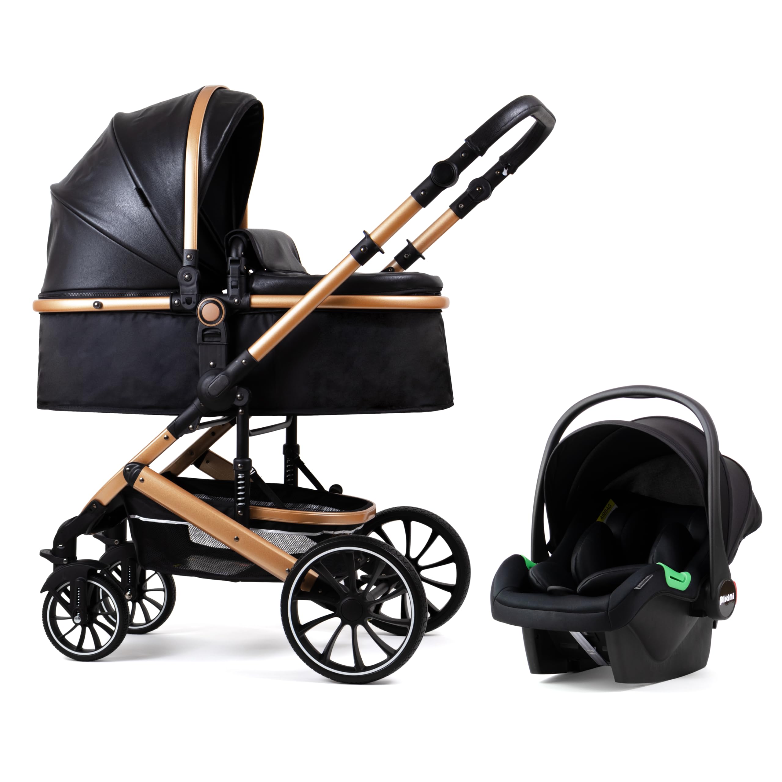 Silla de paseo Pixini Kalani 3 en 1, Trío, Niño, Silla de coche, Accesorios (oro/oxford negro)