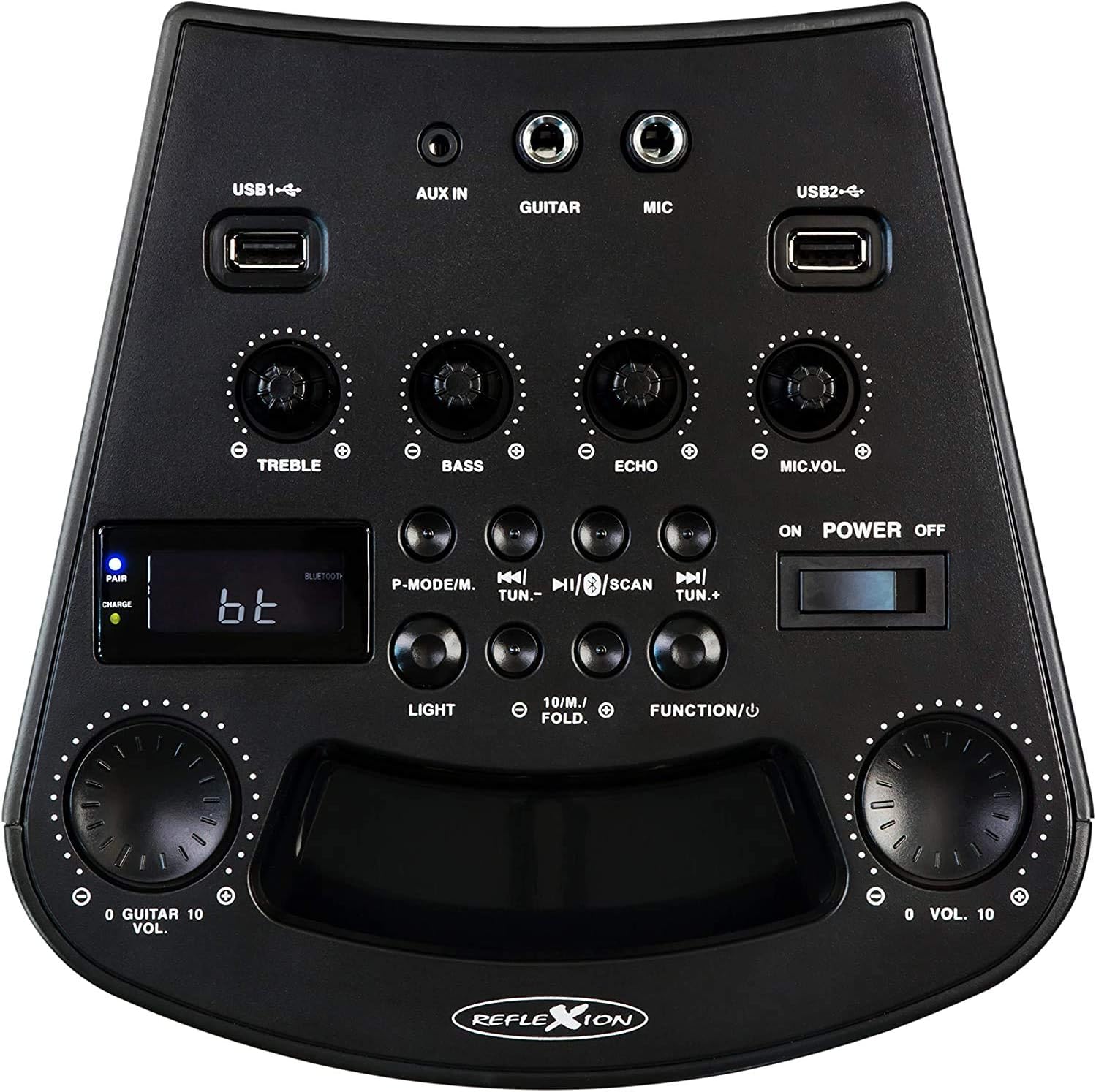 Close-up of the Reflexion PS07BT control panel with various knobs and buttons