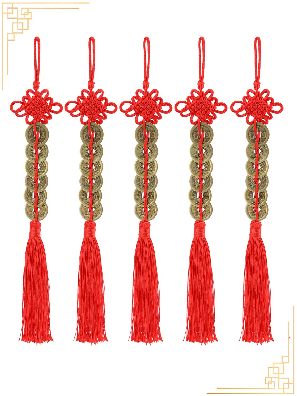 Monnaie chinoise Feng Shui à pampille : lot de 12 suspensions artisanales de 31 cm avec nœud rouge