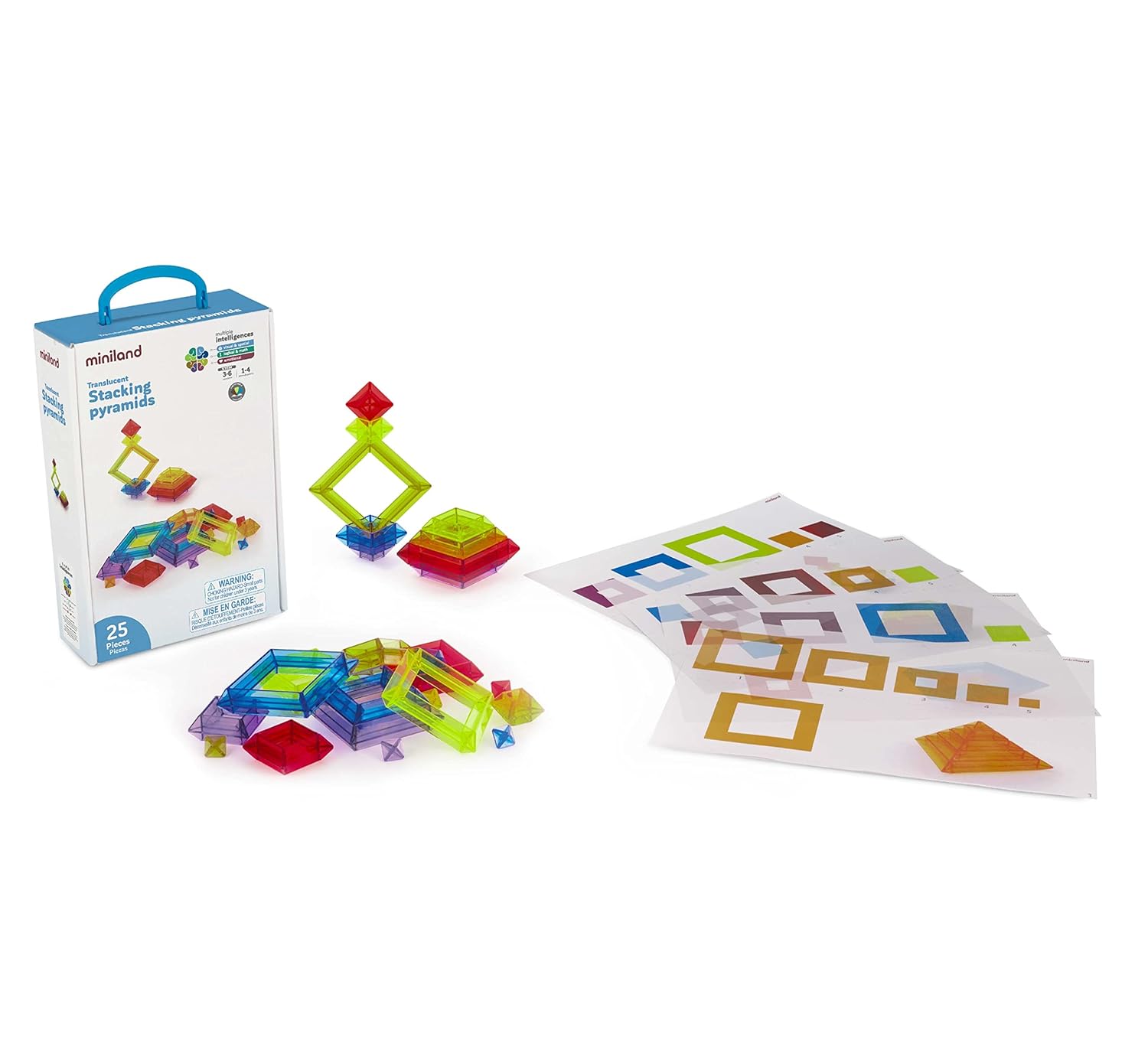 Miniland Translucent Stacking Pyramids. Educational Toy for Children from 3 to 6 Years. Comes with 25 Pieces and 4 Transparent Activity Sheets