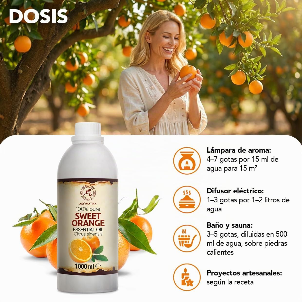 Aceite Esencial de Naranja Dulce 1000 ml - Citrus Sinensis - Natural y Puro - Aceite de Naranja para Difusores - Fragancias para el Hogar - Jabones y Velas - Sauna - Aroma Cítrico - Aromaterapia