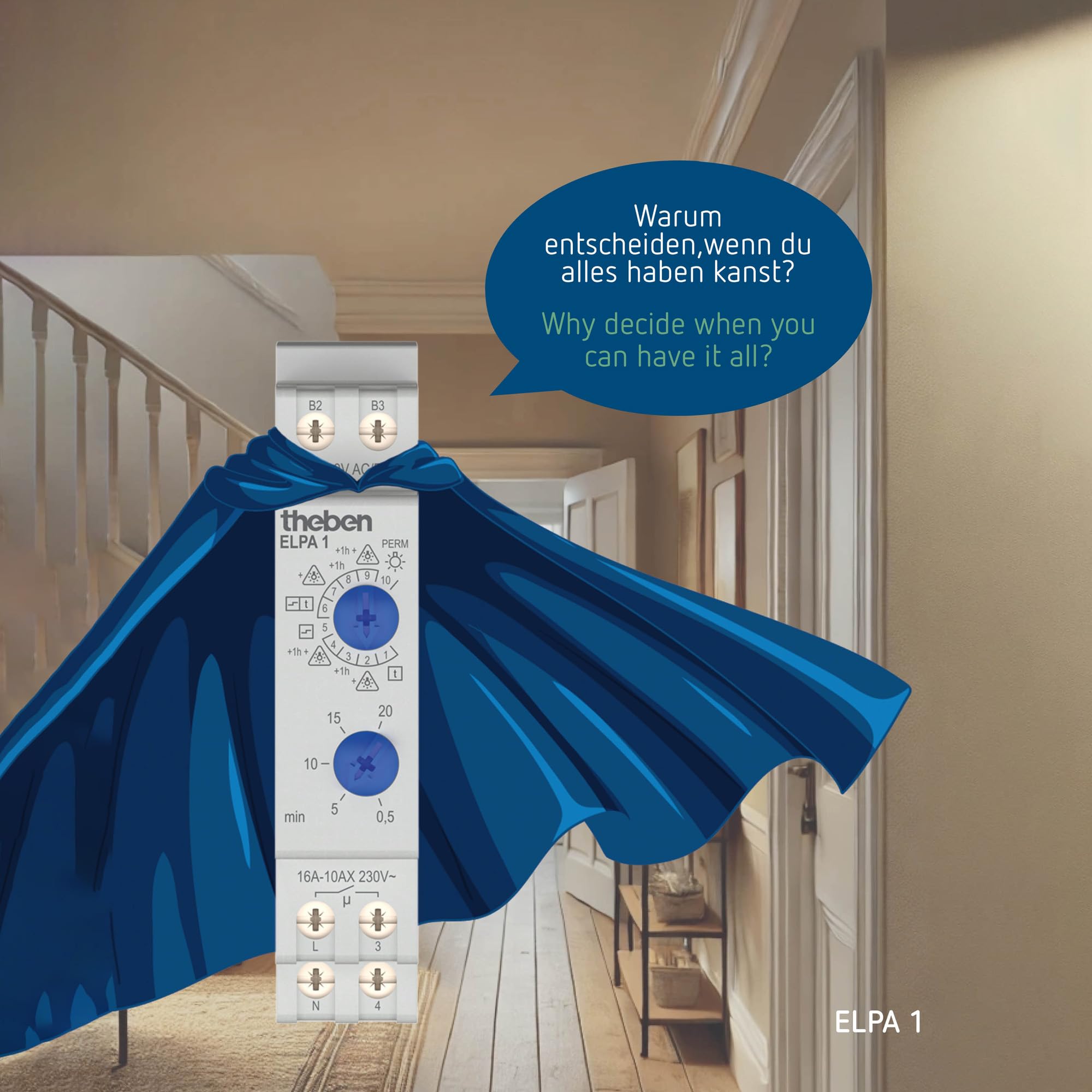 Theben 0010002 ELPA 1 temporizzatore luci scale elettronico guida DIN | 0,5 - 20 min, 600 W LED, 10 funzioni, preavviso di spegnimento, multitensione, riattivabile subito, spegnimento anticipato
