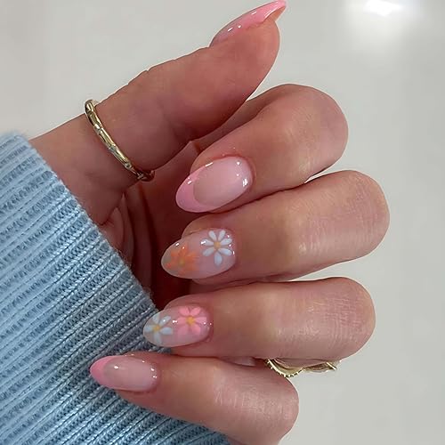 Flower Press on Nails Short Almond Fake Nails Pink French