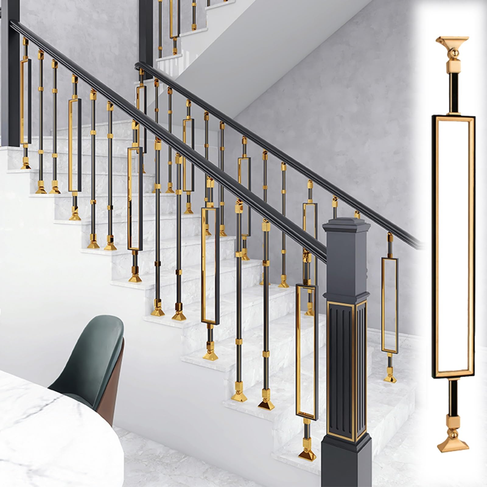 Metal Balusters Spindle for Stairway Black and Gold, Aluminum Rectangular Hollow Stair Spindles, Deck Railing Kit/ Indoor Staircase Banister Post for