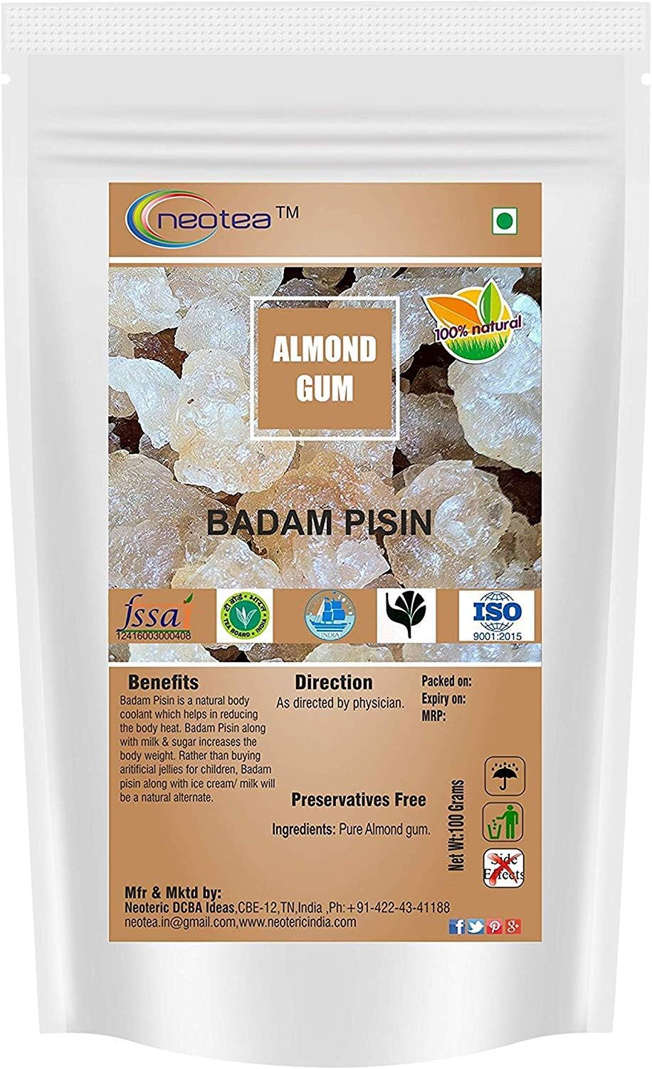 Neotea Almond Gum | Badam Pisin 100 GM (3.52 OZ) | Badam Gum | Gond Katira | Ayurvedic Katira | Organic Katira Gond | Indian Gum | Gond Katira | Edible Gum | All Natural | Salt-Free | Vegan | No Colors | Gluten Friendly | NON-GMO | 100% Natural