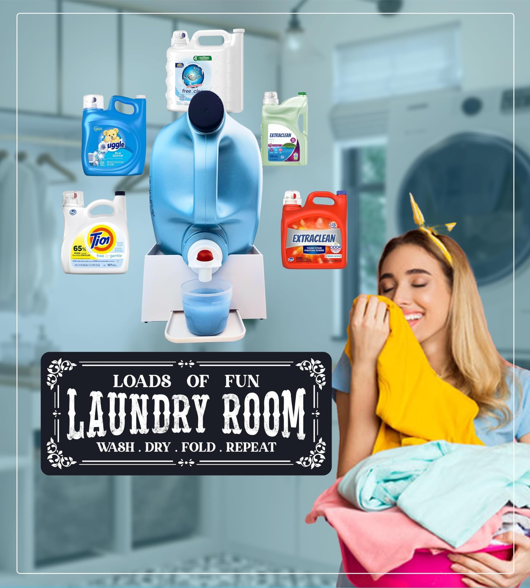 Skywin Uchwyt na detergent do prania z chodnikiem do pralni – uchwyt na kubek na detergent do prania z tacą ociekową i dywanikami do prania do dekoracji pralni i akcesoriów – niezbędna organizacja