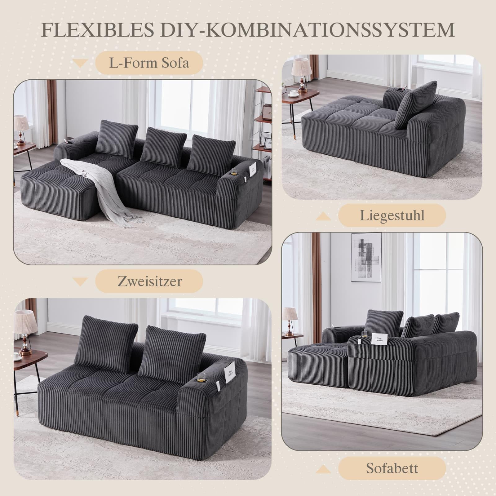 KOMHTOM Canapé Modulaire en Velours Côtelé avec Porte-gobelet, Coussin, Canapé Profond Confortable Moderne pour Salon, Bureau (C-Gris)
