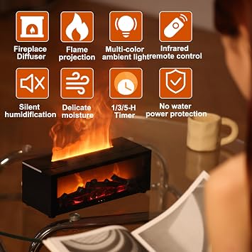 Essential Oil Diffuser, Fireplace Flame Air Diffuser Humidifier,7 Colors Aromatherapy Aroma Diffuser, Ultrasonic Aroma Humidifier with Timer for Bedroom Home Office Yoga