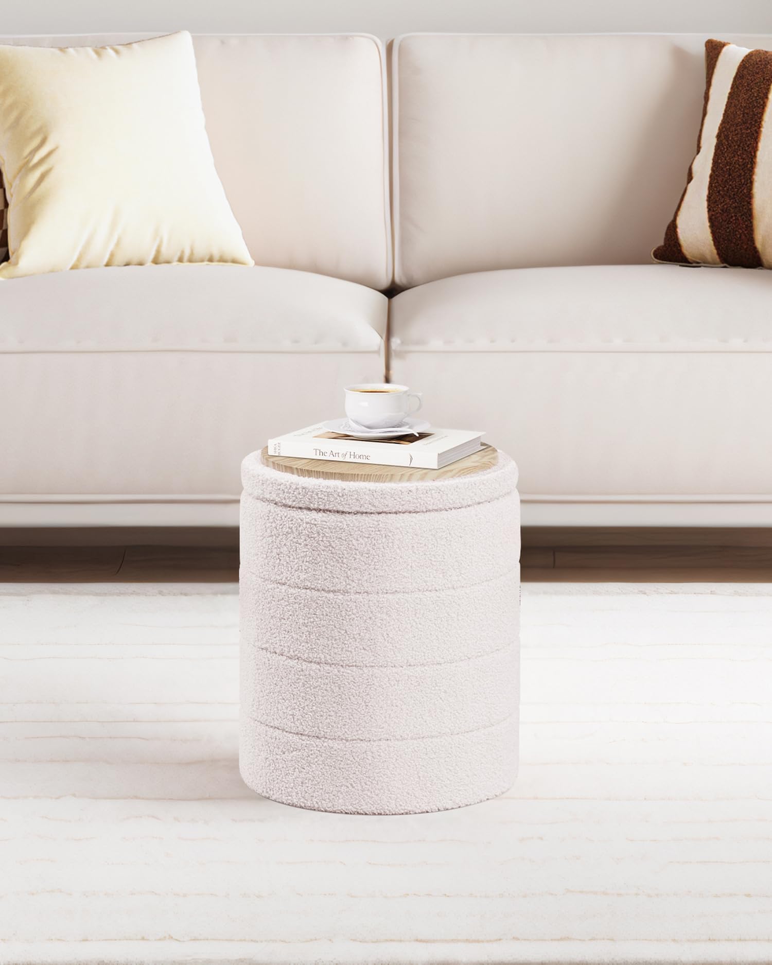 PINPLUS Sgabello Pouf Contenitore, Cassapanca Rotondo Ottomano con Contenitore, Pieghevole Poggiapiedi in Teddy 37x37x45 cm, per Soggiorno, Camera da Letto e Corridoio, Bianco