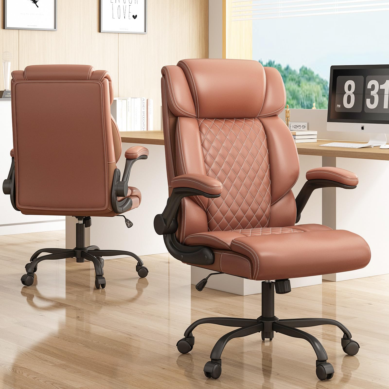 Office Chair Ergonomic Big and Tall Executive Desk Chair Breathable Leather Chair with Adjustable Flip-up Armrests Lumbar Support — view 7