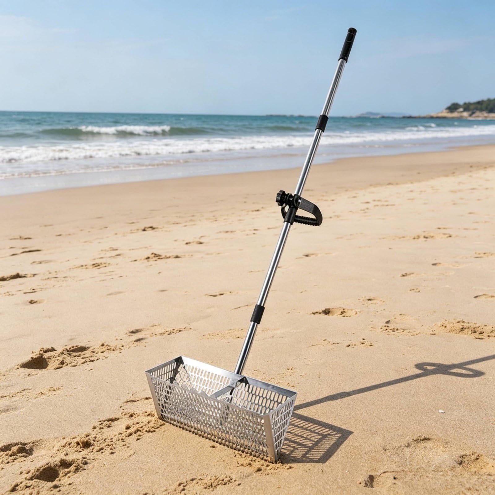 Colcolo Pala de Playa de Acero Adaptada para Detectoristas Canasta Tamizadora Robusta Mango Telescópico Borde Adecuada para Hallar y Uso en Costeras, Silv 304 AcInox