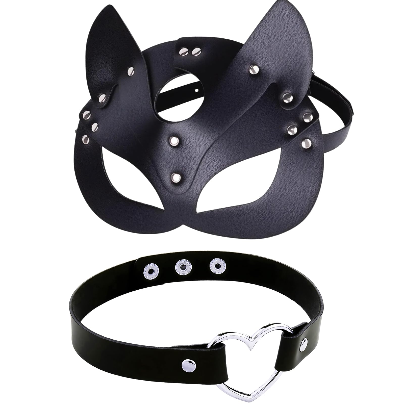 HAICN 2Pcs Black Cat Mask and Choker Set Sexy PU Leather Half Face Masquerade Mask with Adjustable Buckle Catwoman Cosplay Costume Accessory for Women Halloween Party Fancy Dress Props.