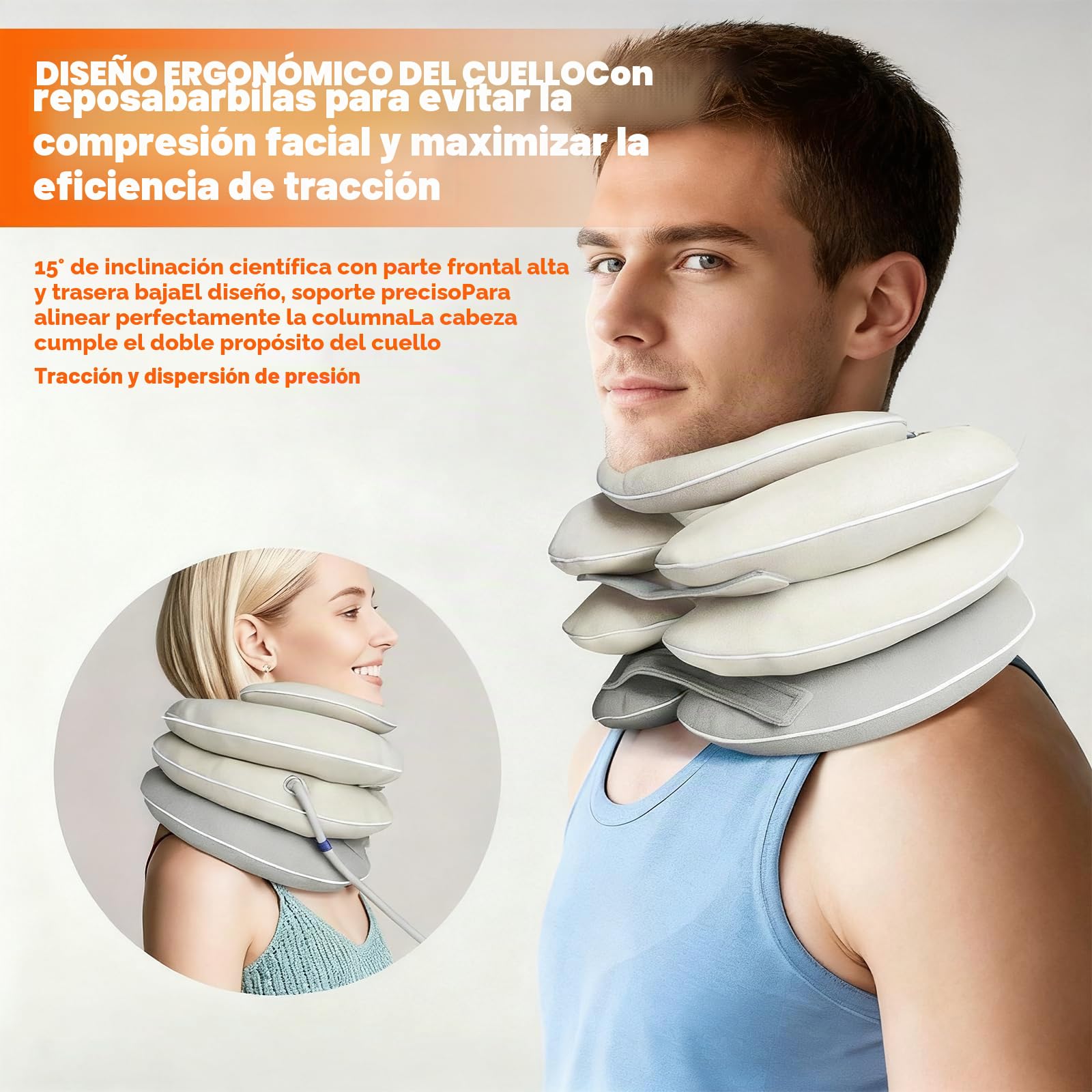 Collarín Cervical Inflable, Dispositivo de Tracción Cervical Ajustable con Sistema de Soporte de Mentón 3+1, Collar Ortopédico para Dolor Cervical y Almohada Cervical de Descompresión