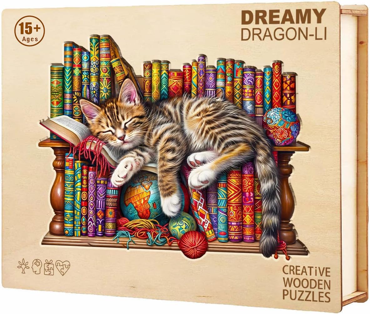 KAAYEE Houten puzzel voor volwassenen, 280 stuks, houten puzzel met slapende kat, unieke vorm, houten puzzel met geschenkdoos van hout (34 x 29 cm, L