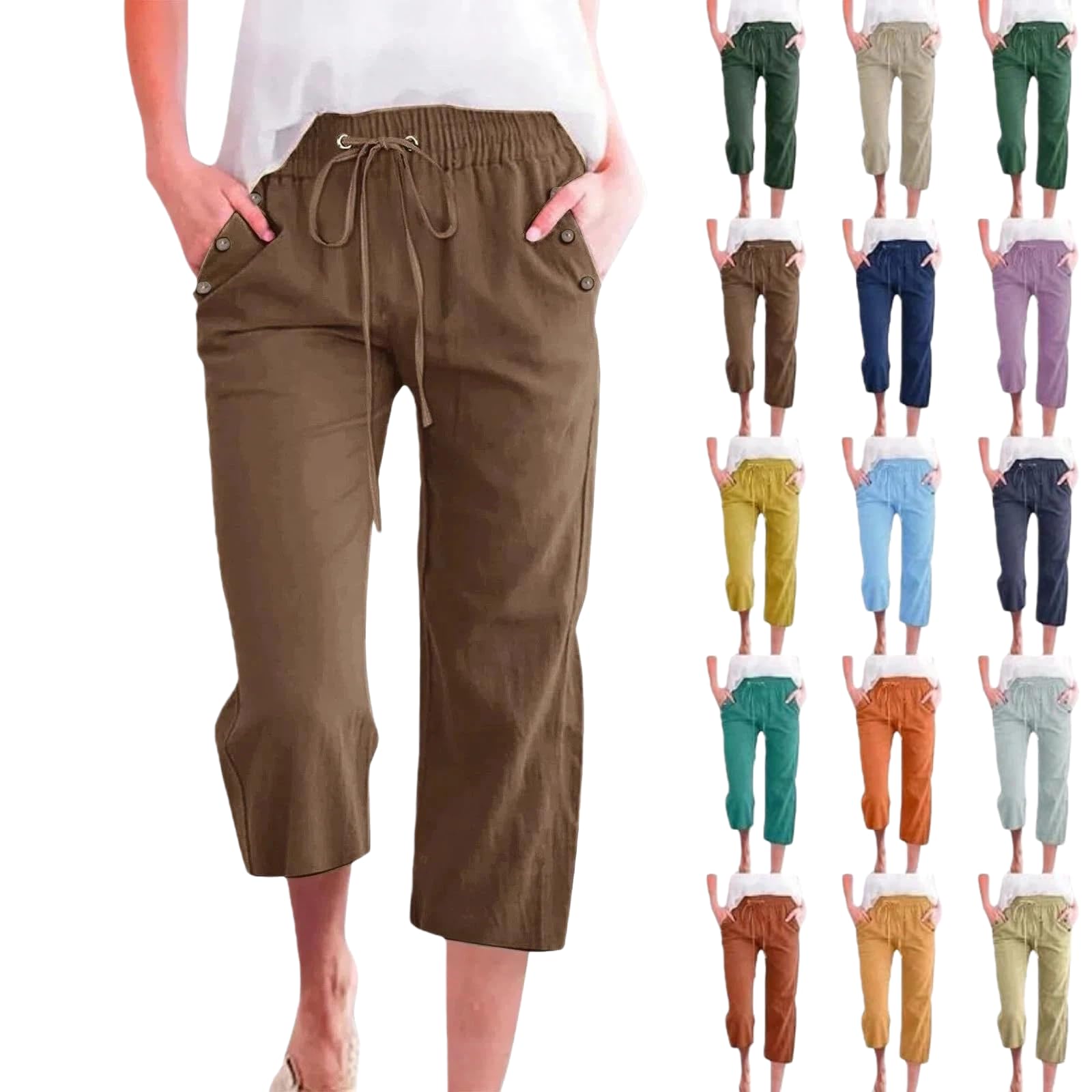 Linen Pants Women Casual Capris Pant Drawstring Elastic High Waist Straight Wide Leg Trousers Buttons Trim with Pockets