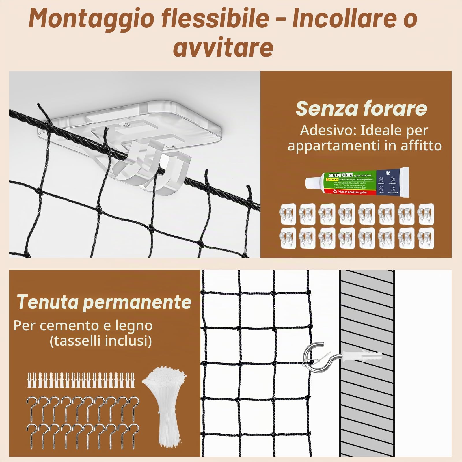 Aystkniet Rete per Gatti Senza Forature, Extra Rinforzato Rete Gatti Balcone con Ganci Adesivi e Colla Siliconica, Rete Balcone per Gatti, Rete per Gatti Balcone (3 x 2 M)