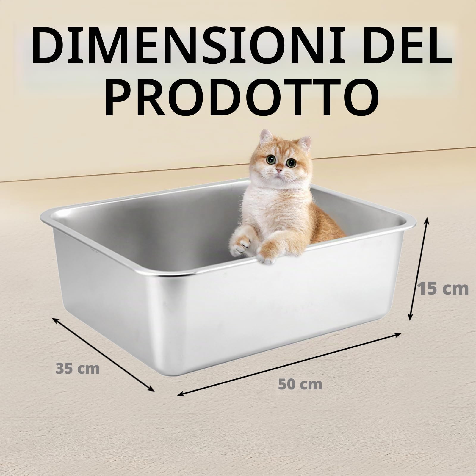 Lettiera XXL per gatti 50 x 35 x 15 cm - Grande lettiera per gatti - Senza odore - Antiruggine - Superficie liscia antiaderente - Grande capacità per una facile pulizia (acciaio inossidabile