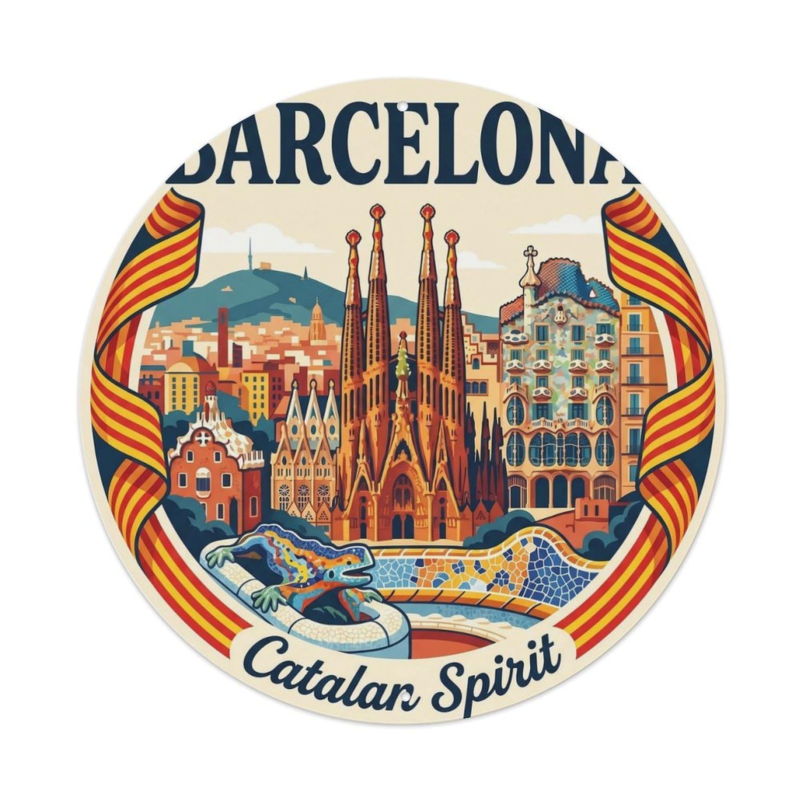 Barcelona Flag Catalan Vintage Travel Heritage Culture Metal Tin Sign Plaque Wall Decor for Cafe, Man Cave, Club Bar, Office, Home Garden Round Metal Poster 8x8Inch