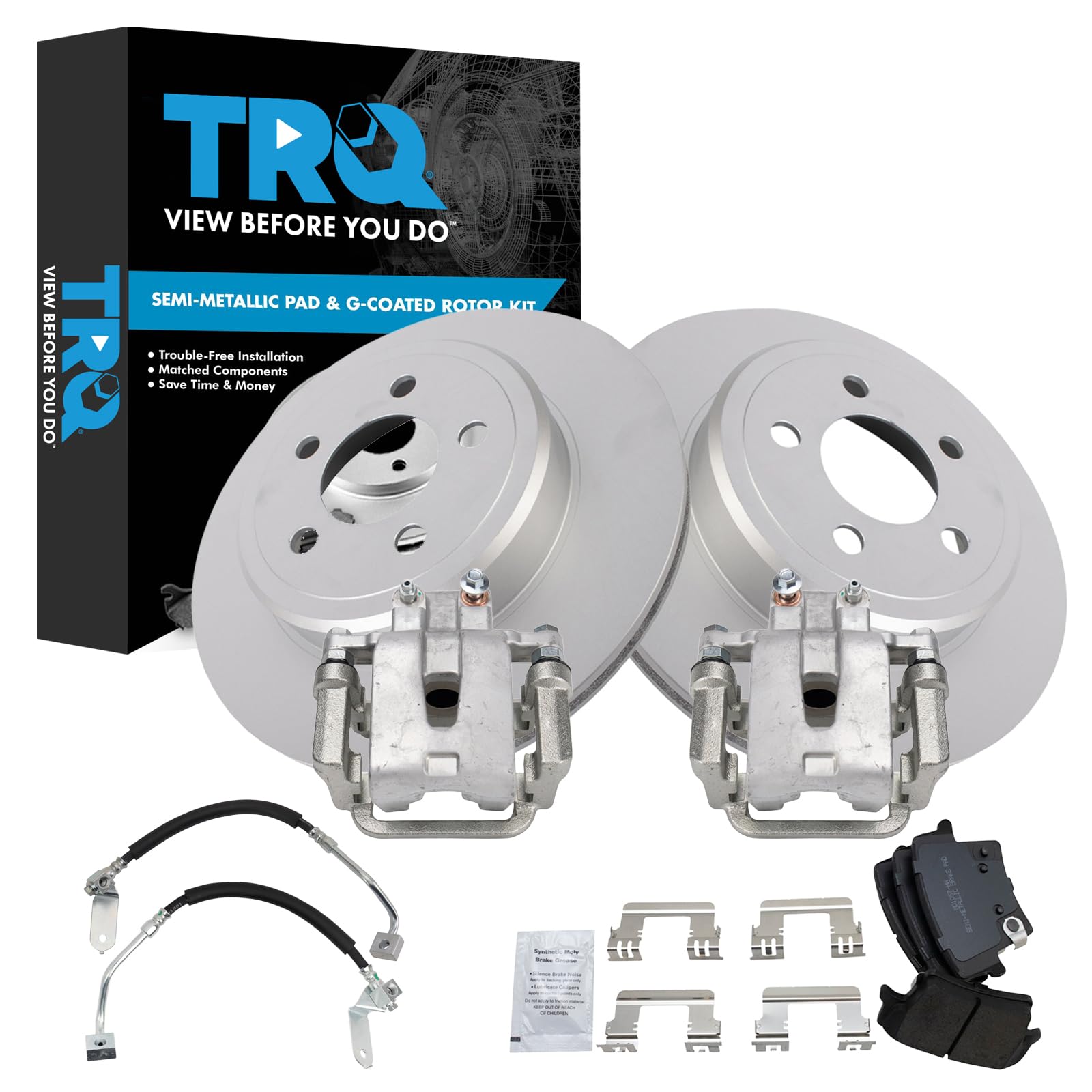 TRQ Rear Brake Pad &amp; Rotor Kit Semi-Metallic Premium G-Coated Compatible with 2009 Dodge Challenger