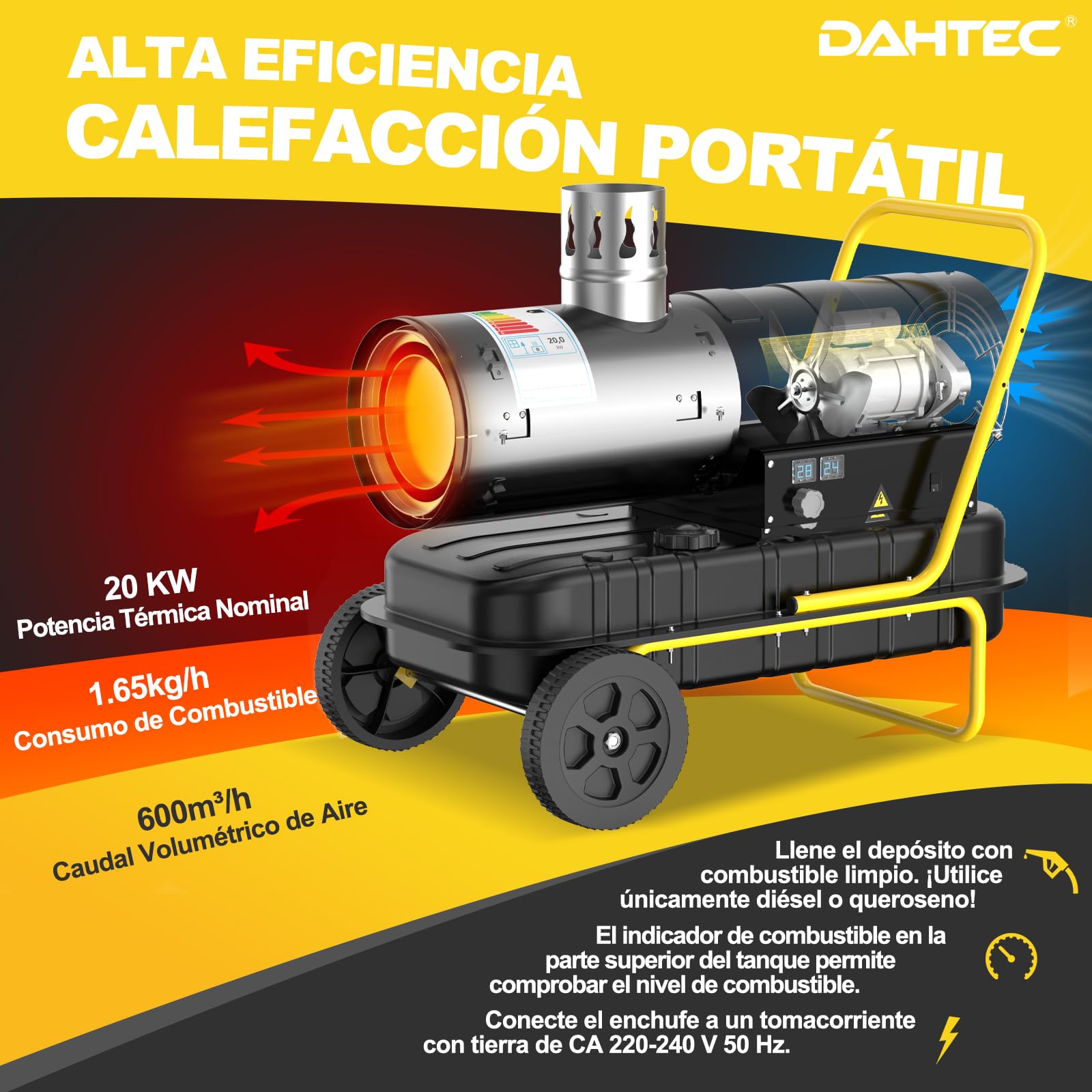 Calefactor Diésel de Indirecta 20 kW - Termoventilador Industrial - Depósito de Gran Capacidad 38 L - Con Ruedas y Termostato Regulable - Para Talleres, Obras y Uso Agrícola