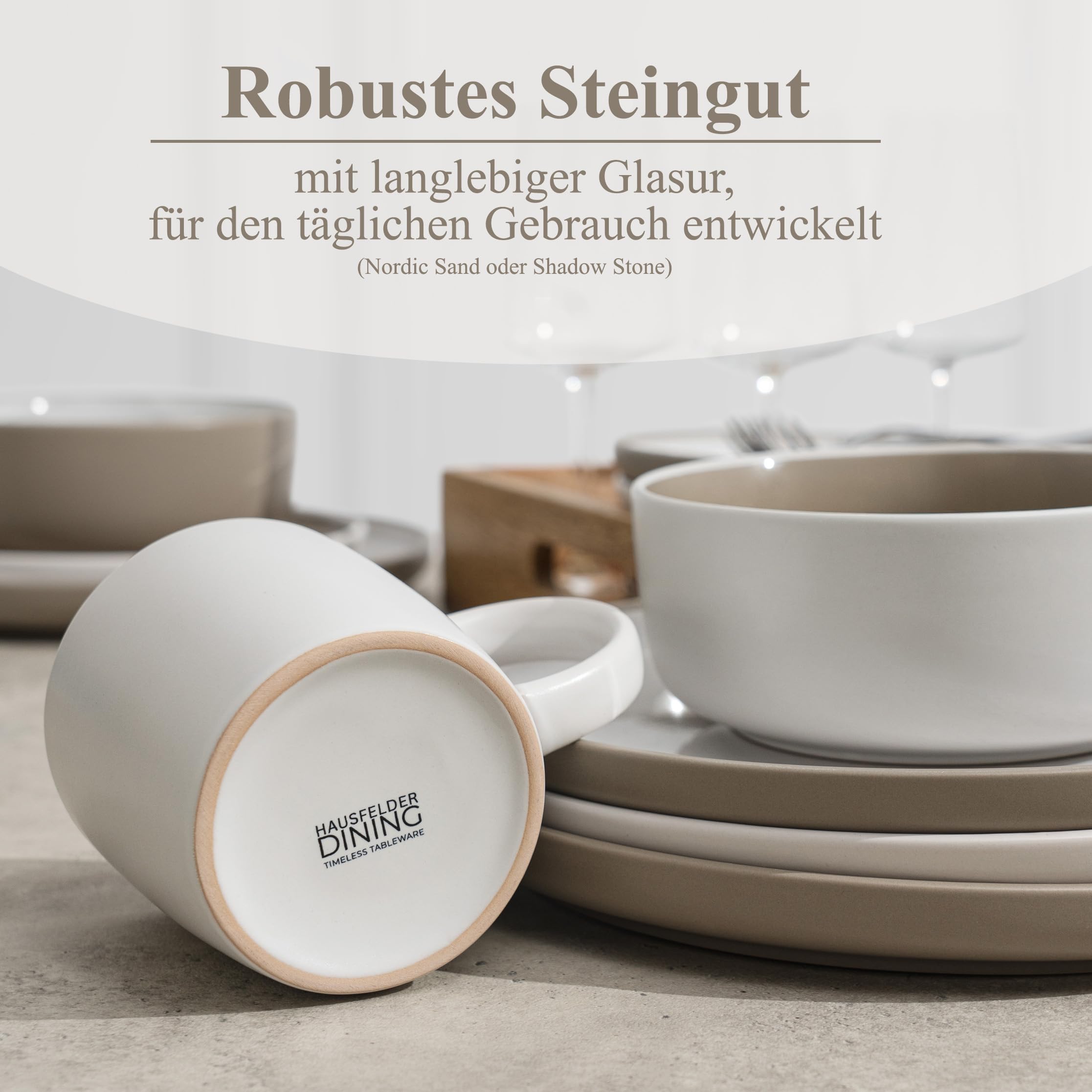Hausfelder Steingut Geschirrset 8 Personen, 32-teilig, Shadow Stone | Tafelservice mit Tellern, Schalen und Bechern, modern, spülmaschinenfest, Farbe Shadow Stone
