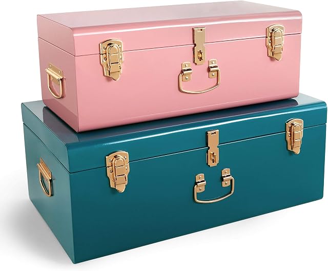 Beautify Storage Trunks, Set of 2 Pink & Teal Stainless Steel Storage Chests w/Gold Detailing, Stackable Bedroom Storage Organiser w/Lockable Lids, Sturdy Multi-Purpose Bedding, Blanket & Toy Box
