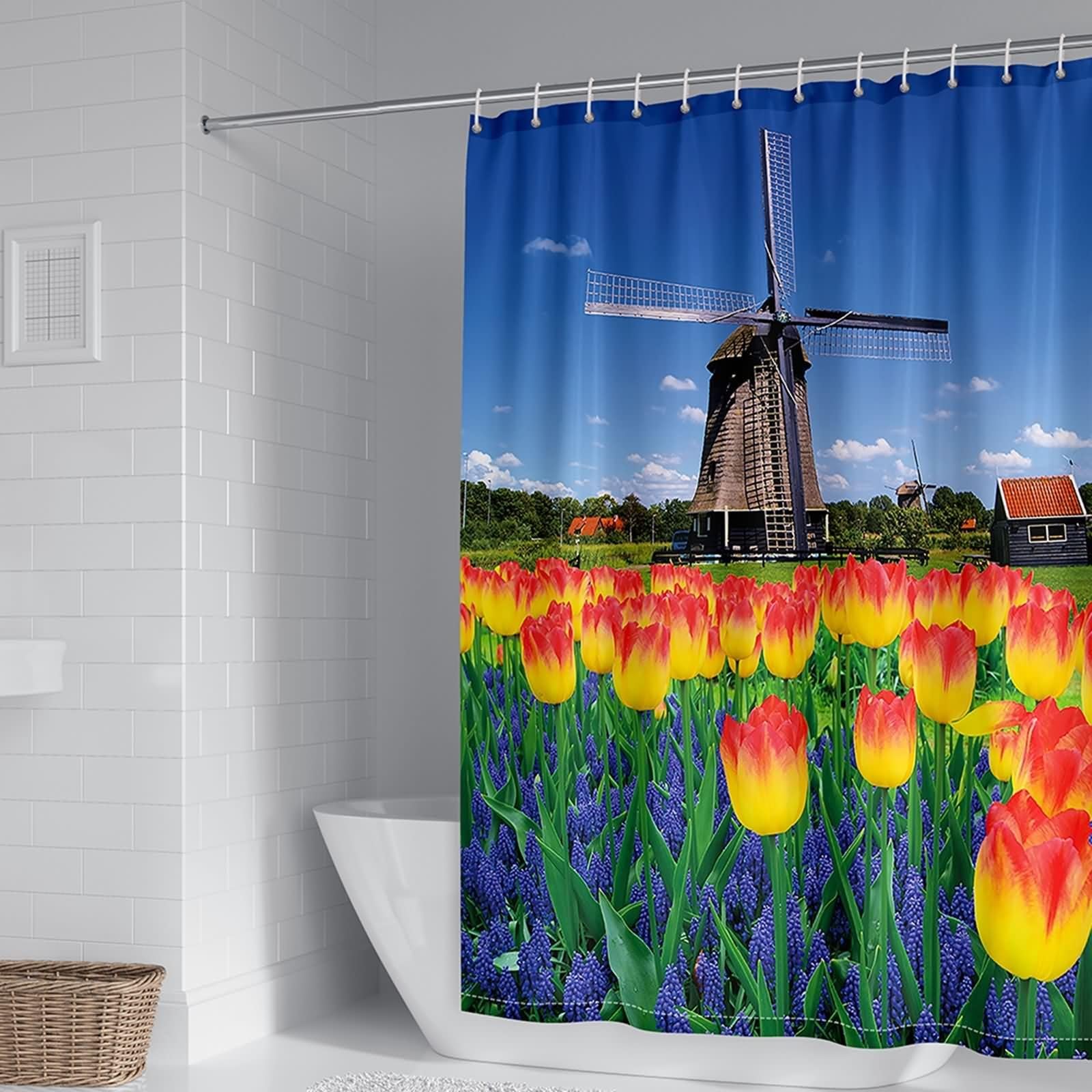 Rideau de douche KnSam 300x200cm en polyester imperméable avec anneaux et motifs de tulipes
