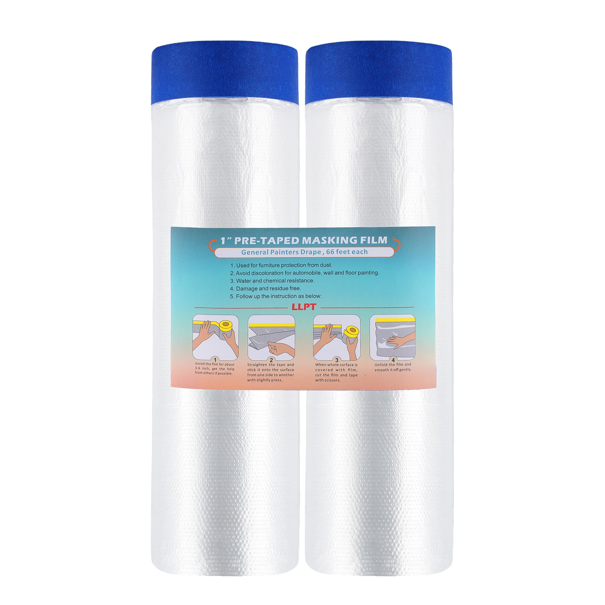 LLPT Abdeckfolie Klebeband mit Folie | 2 Rollen | 140cm(ungefaltet) x 20m | Transparent Abdeckfolie Selbstklebende Malerfolie Malerband | Zum Schutz von Autos Wänden Staub und Spritzschutz (MFTB1402)