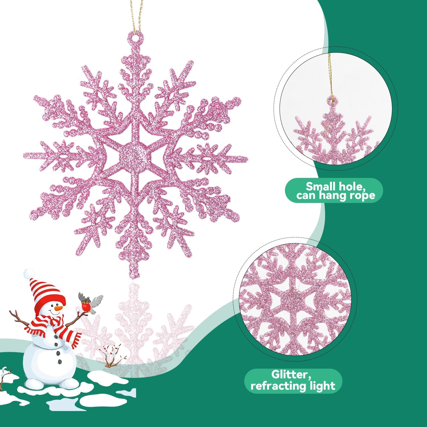 SULOLI 12 Piezas Decoración de Copos de Nieve，Adornos de Copo de Nieve con Purpurina,Colgante de Copo de Nieve，Decoraciones Utilizadas para Colgar en el Àrbol de Navidad, Hogar, Empresa（Rosado）